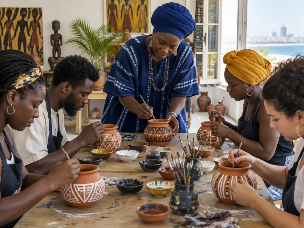 Animatrice guidant un atelier de peinture sur poteries en terre cuite à Dakar