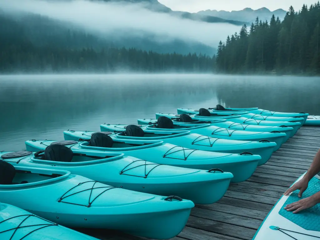 Alignement de kayaks et paddles sur un ponton en bois au bord d'un lac européen.