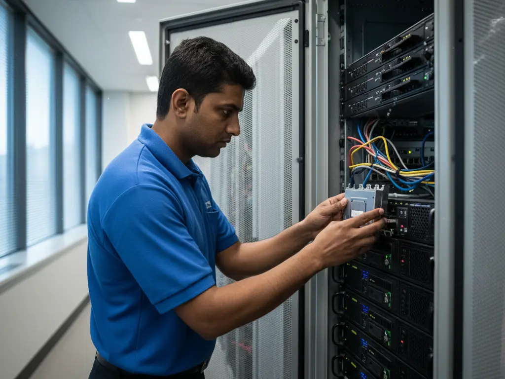 Technicien en Asie du Sud installant un module de sécurité matériel dans un serveur d'entreprise.