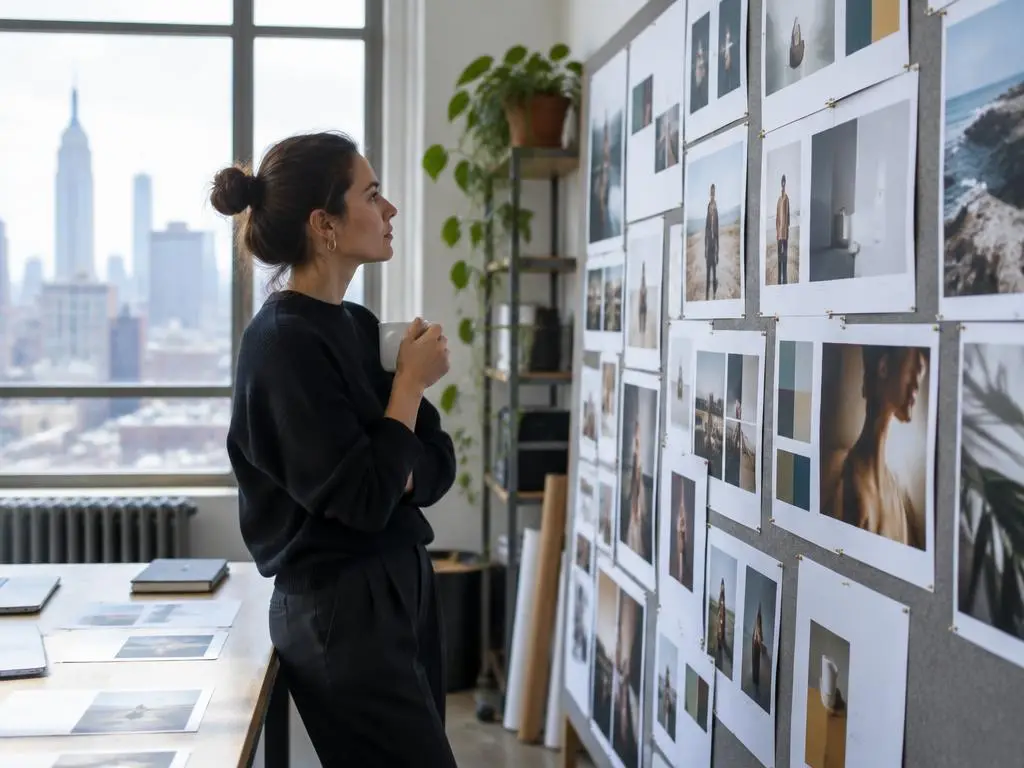 Directrice de création examinant un mur d'épreuves de campagnes dans un studio new-yorkais