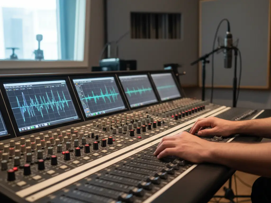Console audio professionnelle affichant les ondes sonores d'une voix synthétique en cours de modulation.