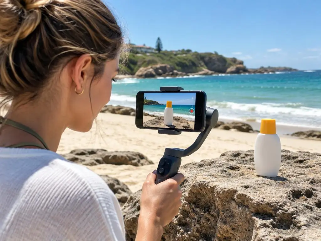 Créatrice de contenu filmant une crème solaire au smartphone sur stabilisateur, sur une plage