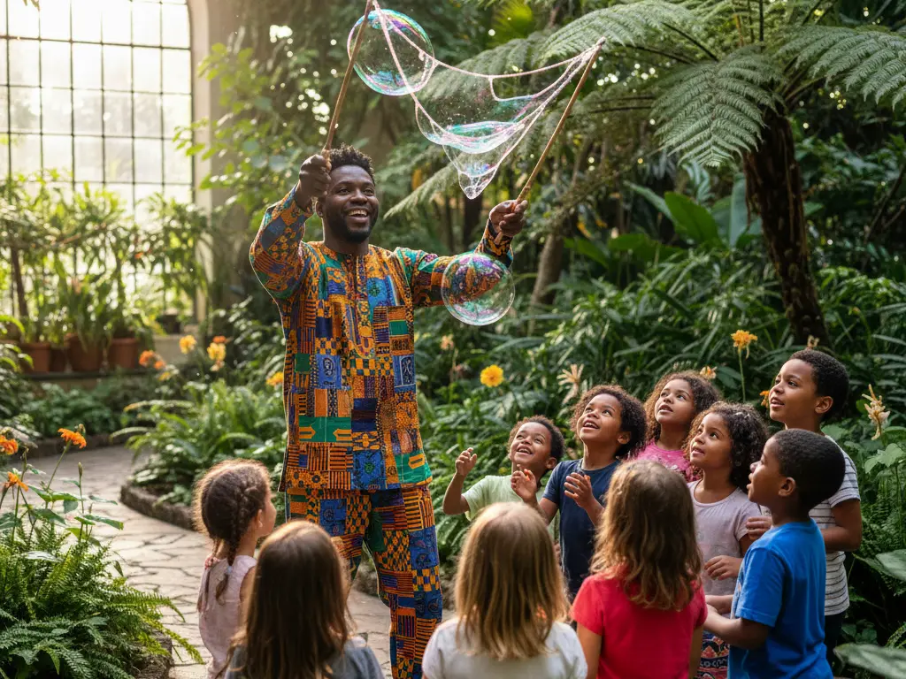 Animateur créant des bulles de savon géantes pour un groupe d'enfants lors d'une fête extérieure.