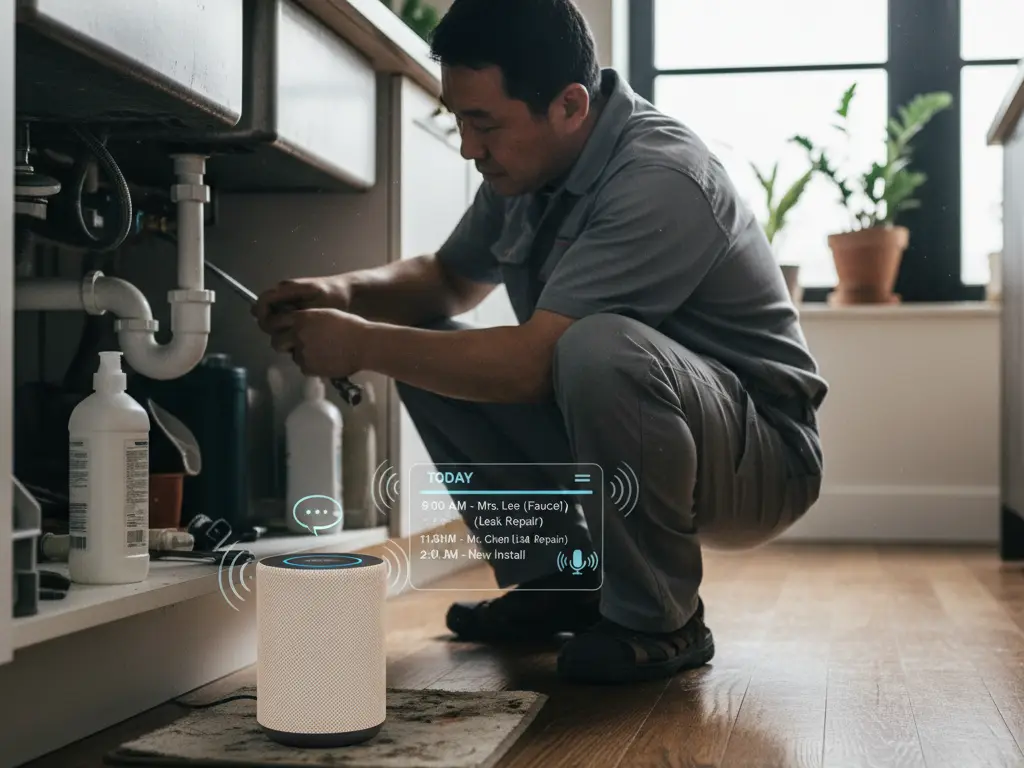Plombier est-asiatique en intervention écouté par une enceinte connectée pour sa prise de rendez-vous.