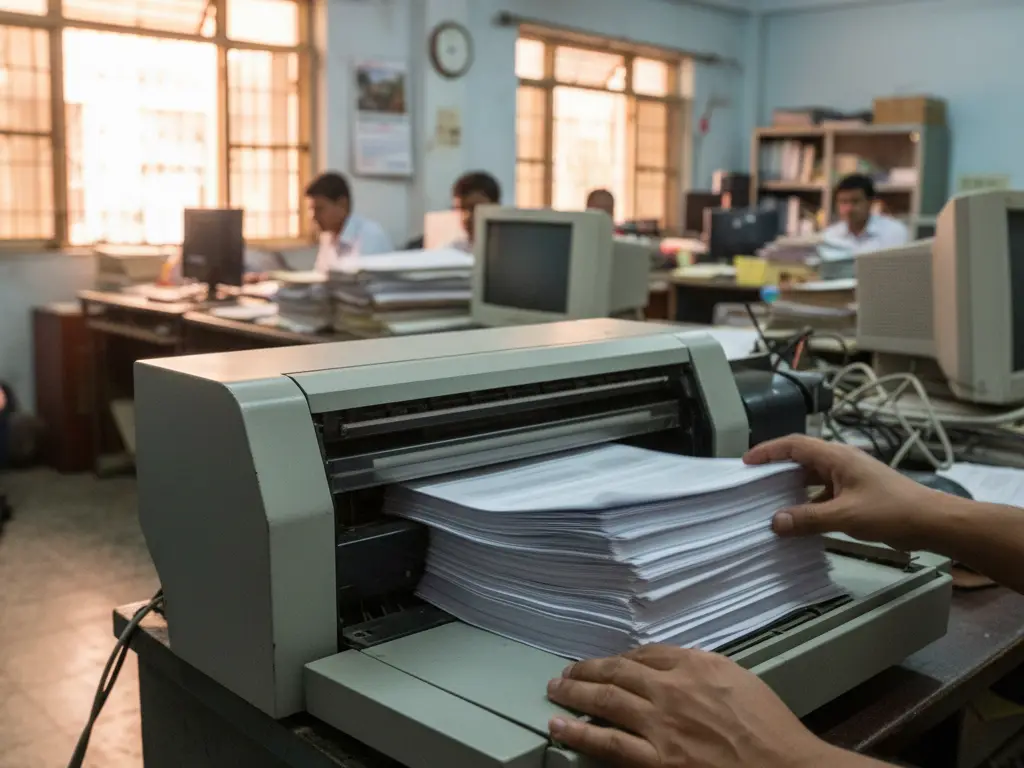 Scanner industriel numérisant rapidement une pile de factures papier dans un bureau en Asie du Sud.
