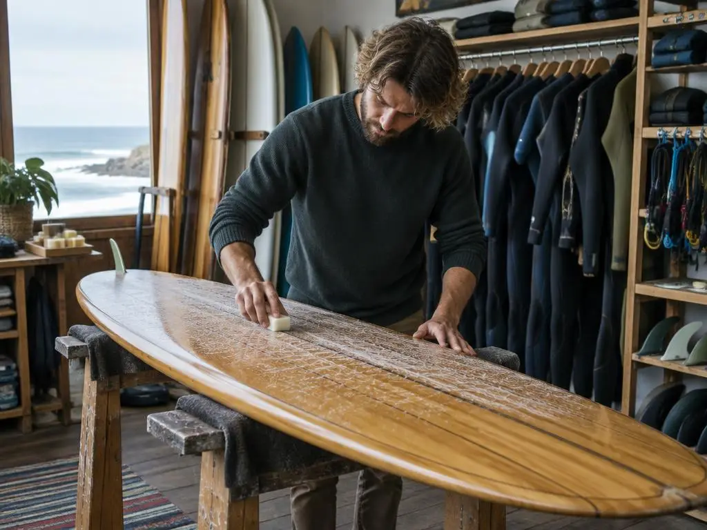 Artisan appliquant du wax sur une planche de surf en bois dans une boutique spécialisée