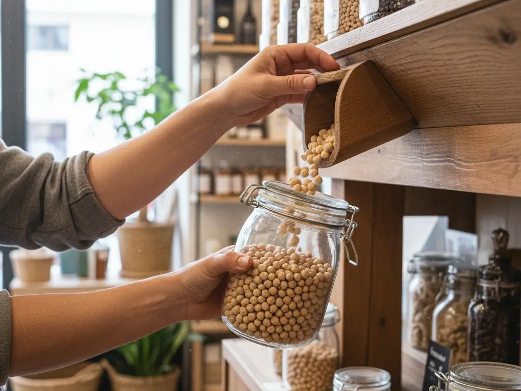 Mains remplissant un bocal en verre avec des pois chiches en vrac dans une boutique écoresponsable.