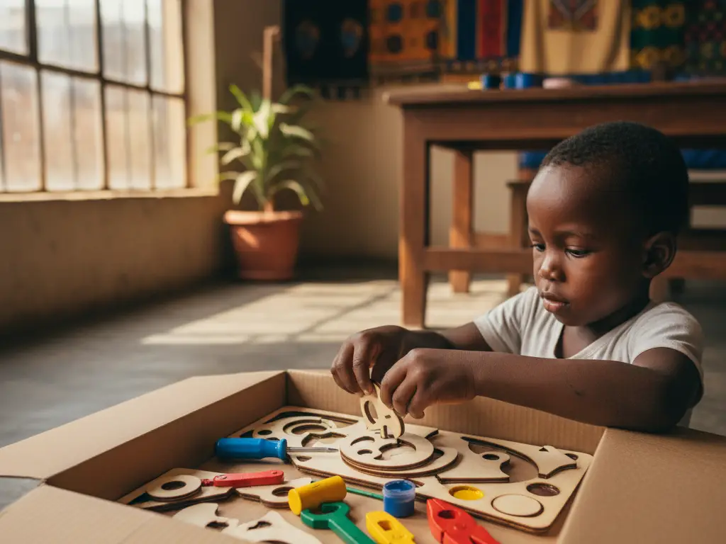 Mains d'enfant assemblant une maquette de système solaire issue d'un coffret éducatif en bois.