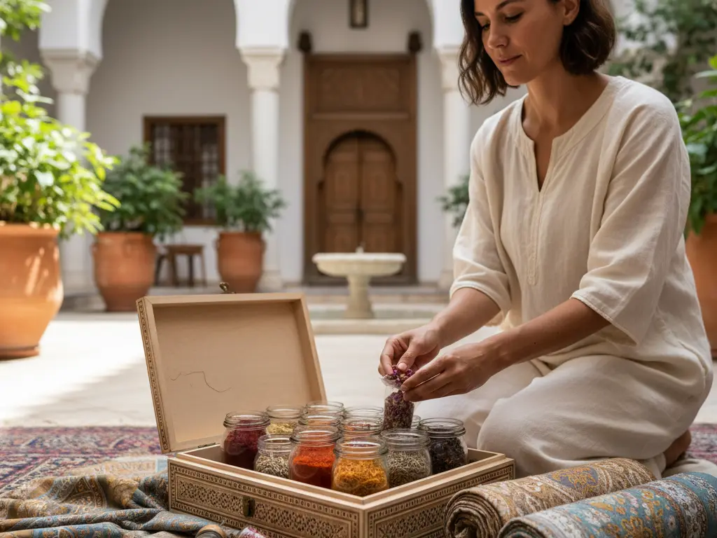 Déballage d'une box mensuelle contenant des épices et des tissus artisanaux au Moyen-Orient.