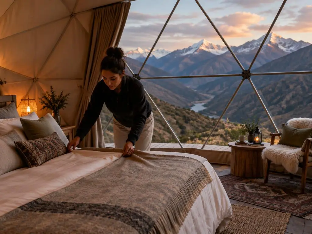 Hôte préparant le lit d'un dôme de glamping face aux sommets enneigés des Andes