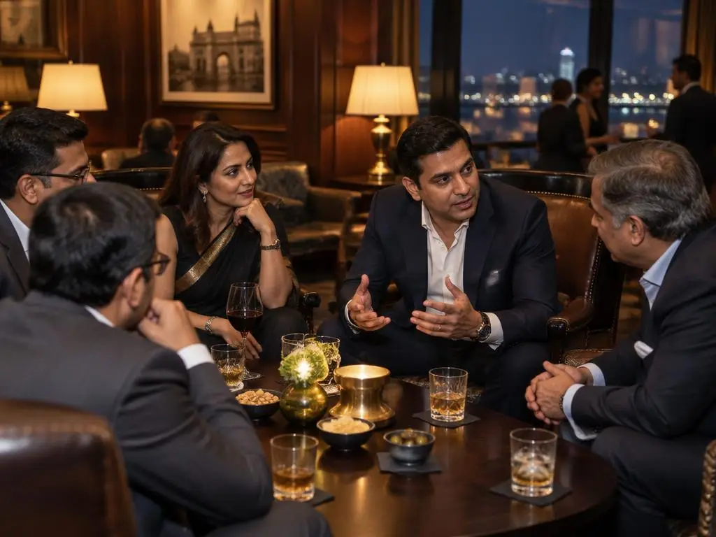 Membres d'un club d'affaires privé échangeant autour d'une table lors d'une soirée à Mumbai
