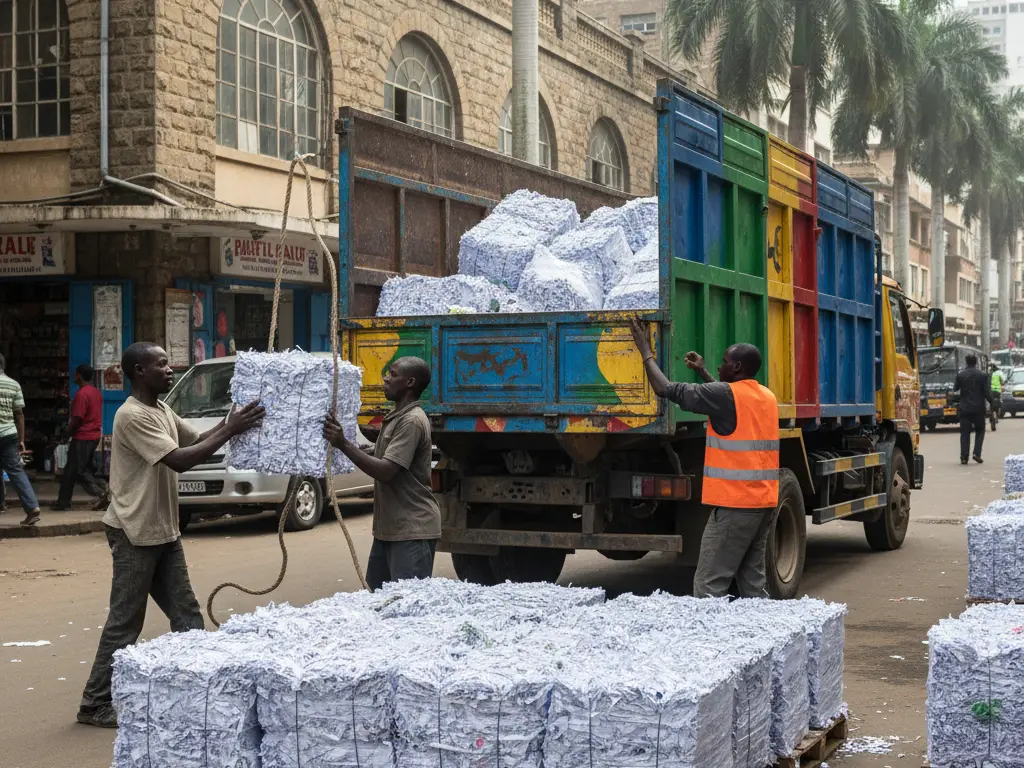 Collecte et chargement de ballots de papier recyclé dans un camion de transport en Afrique de l'Est.