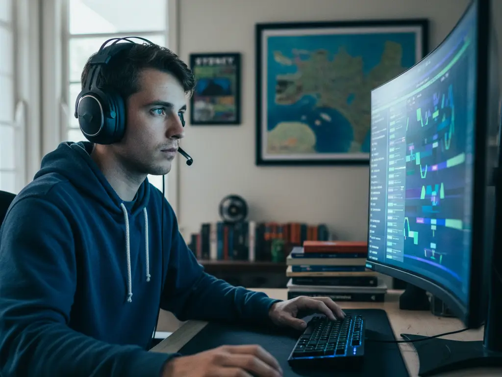 Joueur professionnel analysant un tableau de tournoi esport sur un écran rétroéclairé en Océanie.