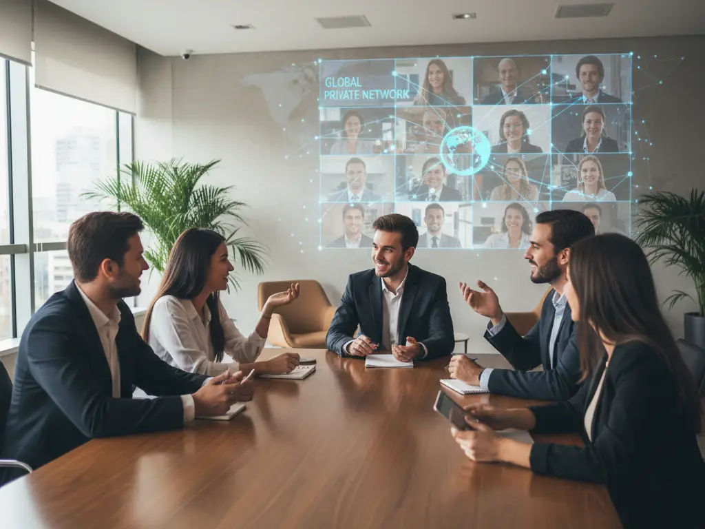 Session de networking en direct projetée sur un mur pour une communauté privée d'entrepreneurs.