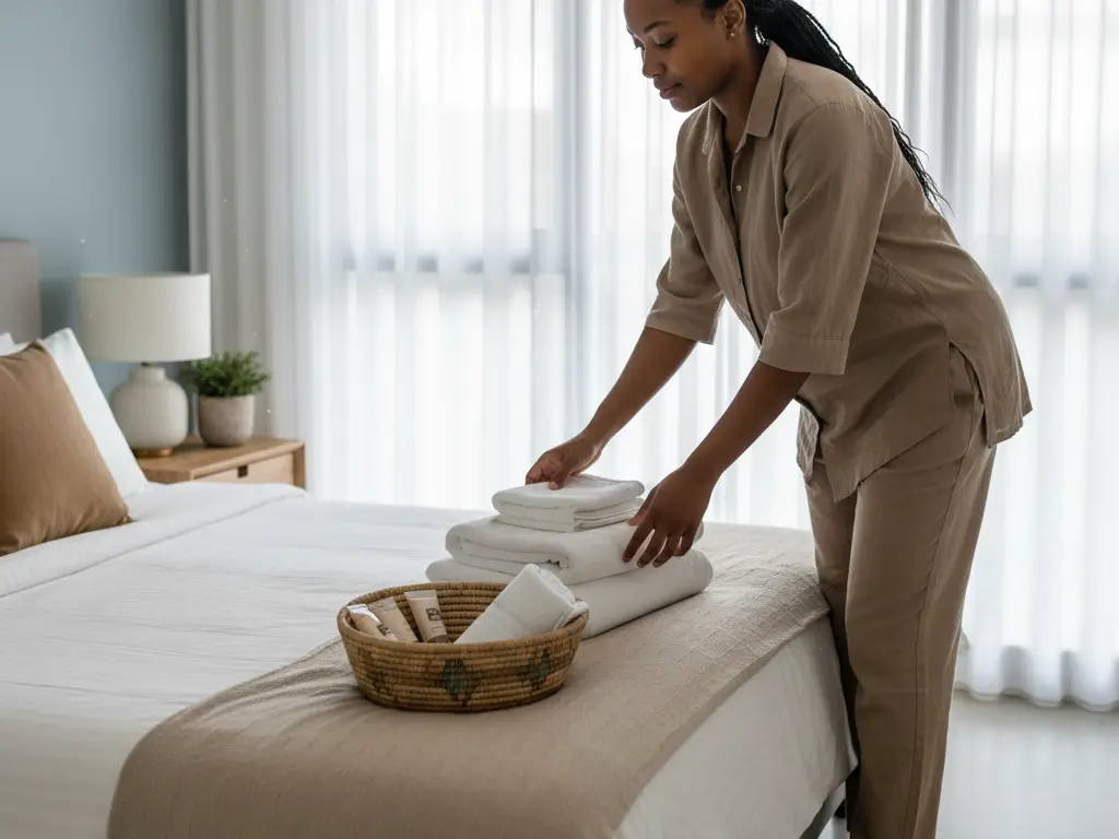 Une femme dispose des serviettes blanches et un panier d'accueil dans un appartement moderne en Afrique.
