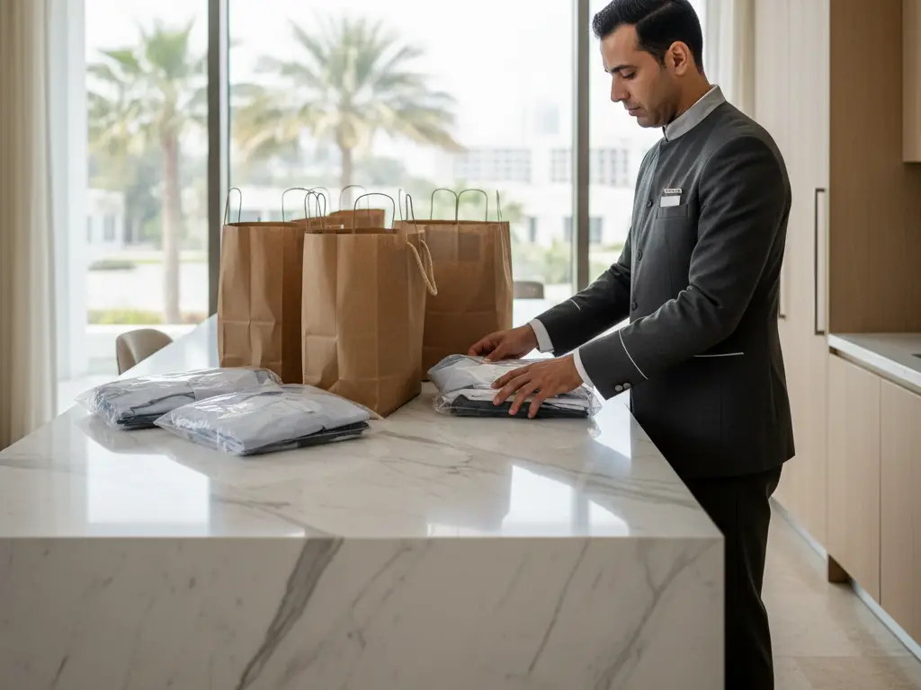 Concierge à Dubaï organisant des sacs de courses et du linge dans une villa moderne.