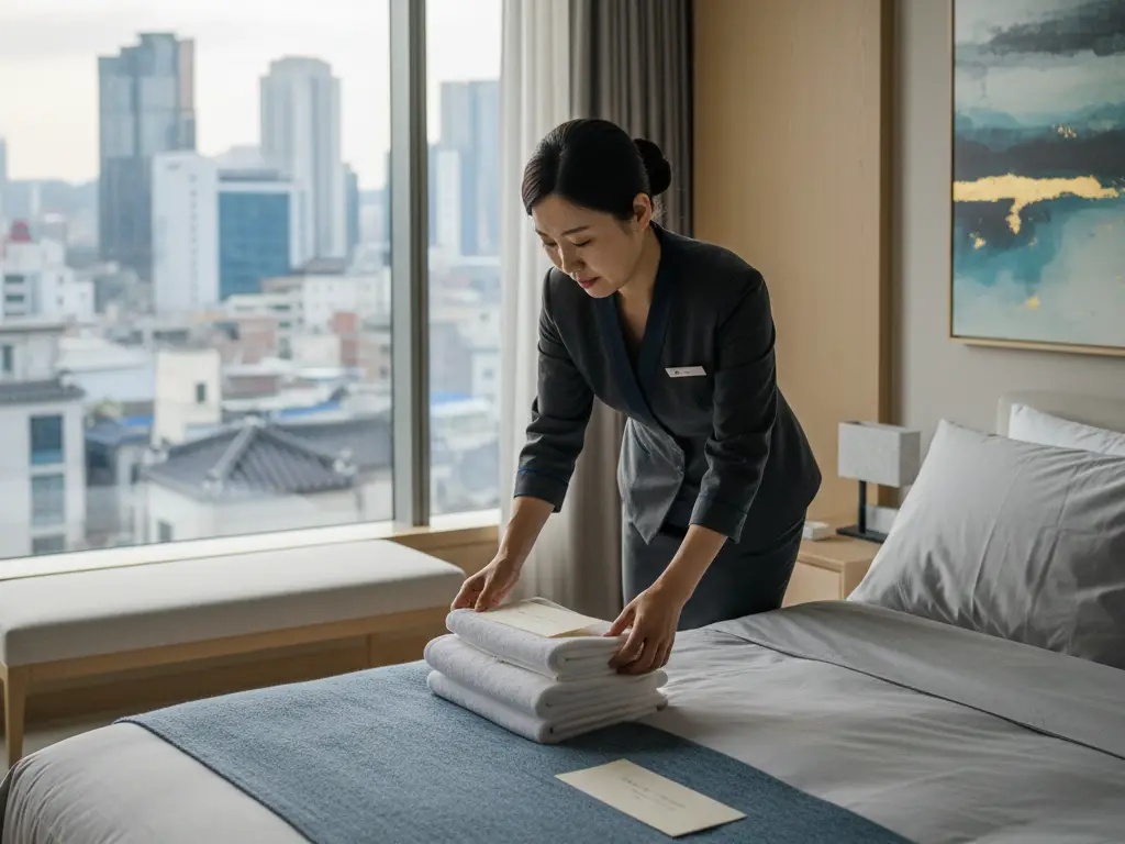 Préparation méticuleuse d'une chambre d'hôtes avec linge propre et petit mot de bienvenue pour les voyageurs.