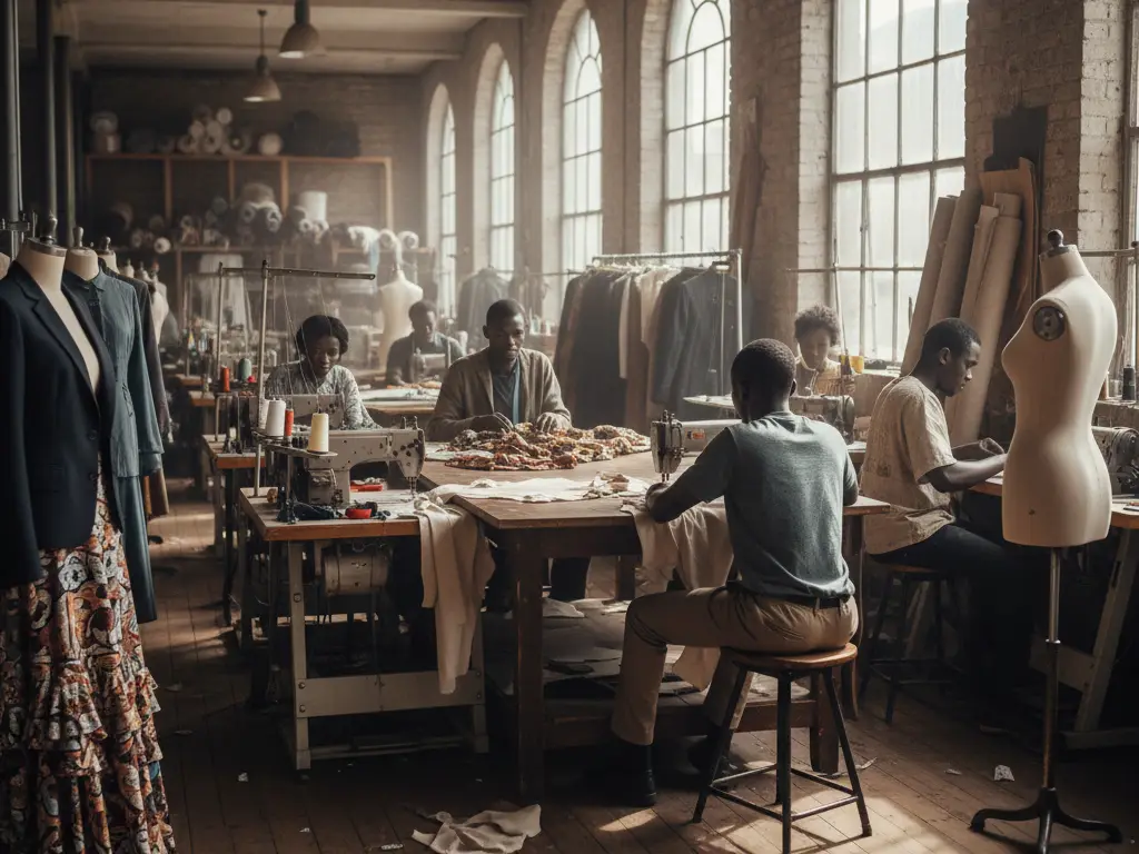 Espace de coworking spécialisé dans la mode avec machines à coudre industrielles à Nairobi.