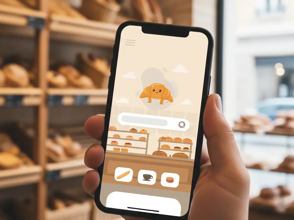 Écran de smartphone affichant un assistant virtuel intelligent devant une vitrine de pâtisseries françaises.