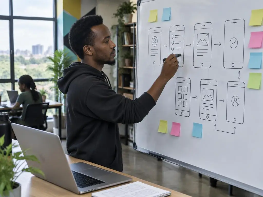 Développeur schématisant le parcours d'une application sur un tableau blanc dans un incubateur