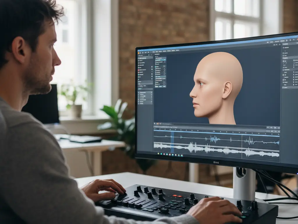 Monteur vidéo ajustant la synchronisation labiale d'un avatar numérique sur un logiciel professionnel.