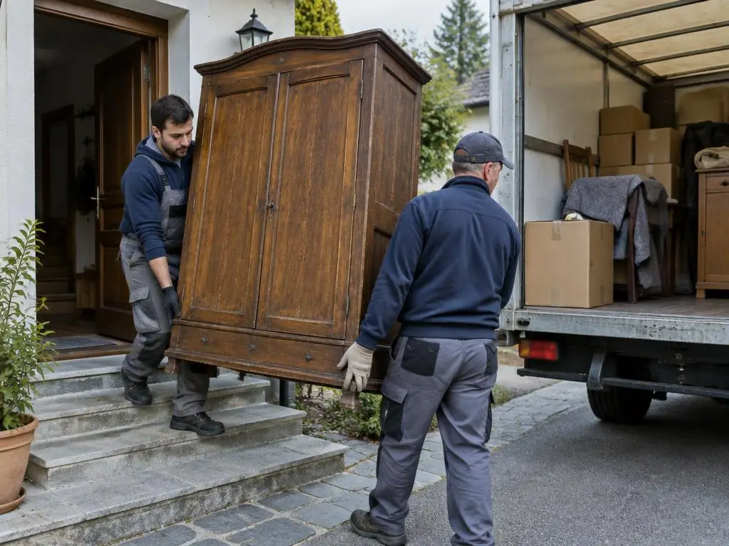 Deux déménageurs sortant une armoire ancienne d'une maison vers un camion de débarras