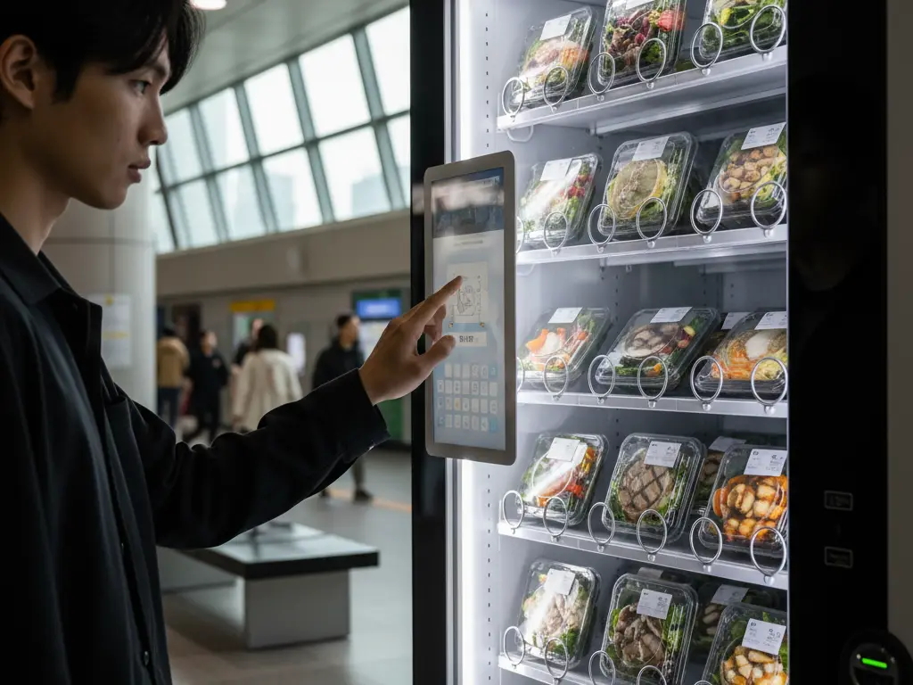 Personne utilisant un distributeur automatique de salades fraîches dans une station de métro moderne.