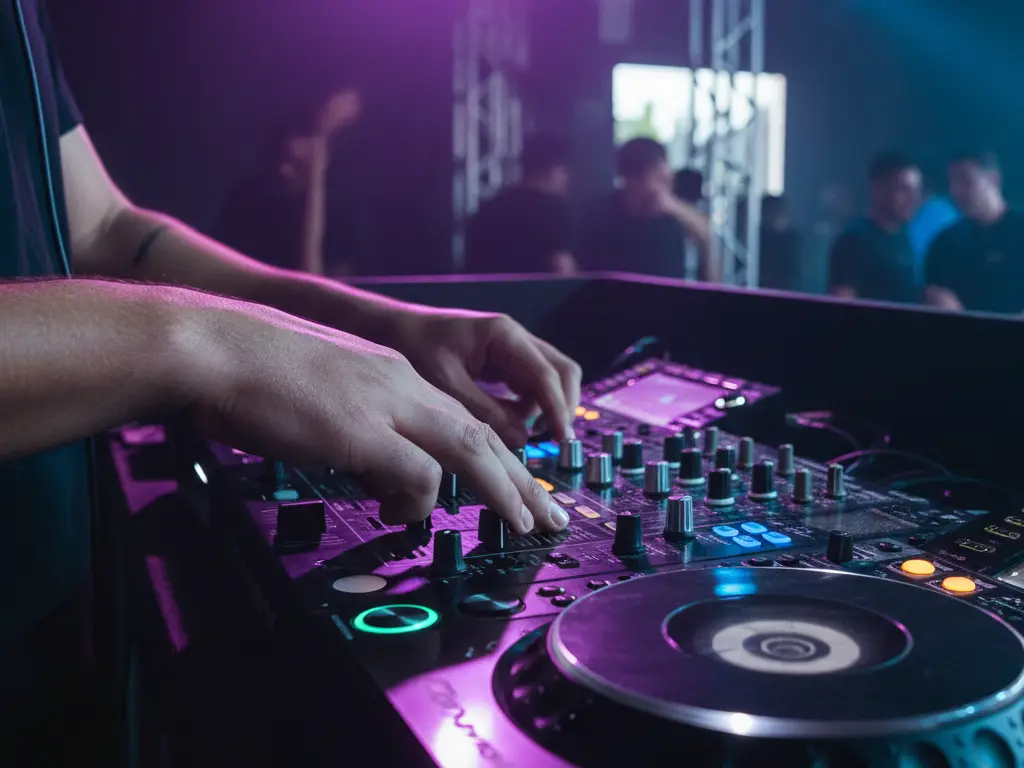Mains d'un DJ manipulant une console de mixage professionnelle sous des jeux de lumières colorés.