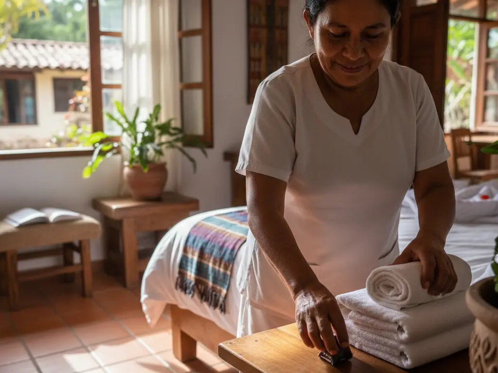 Préparation de la literie et mise en place de petites attentions dans un gîte sud-américain.