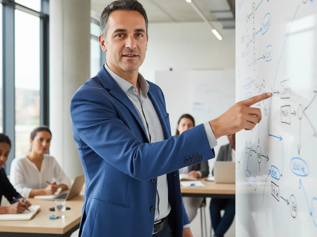 Formateur sud-européen expliquant des schémas de réseaux neuronaux sur un tableau blanc en entreprise.