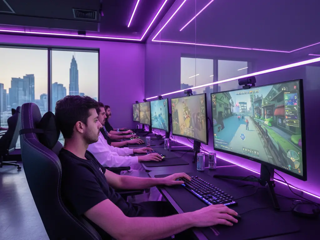 Espace de gaming haut de gamme avec éclairage néon et fauteuils ergonomiques au Moyen-Orient.