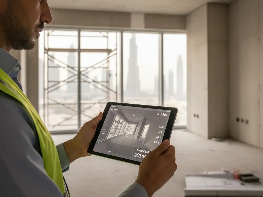 Chef de chantier à Dubaï scannant une pièce pour générer un devis automatique par IA.