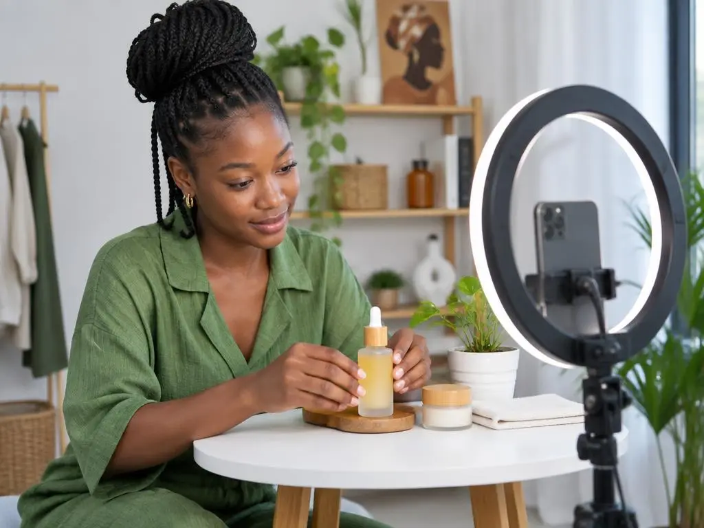 Gestionnaire de réseaux sociaux filmant un soin cosmétique avec un smartphone et un anneau lumineux