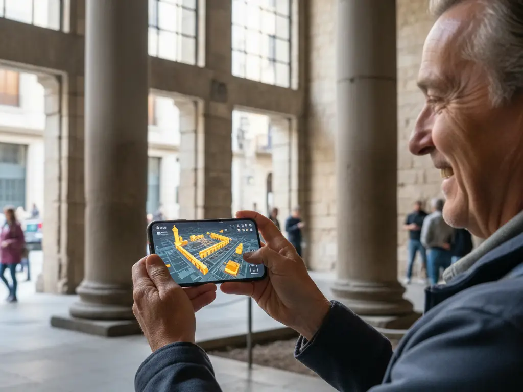 Utilisation d'une application de guide touristique affichant une carte interactive devant un monument historique.