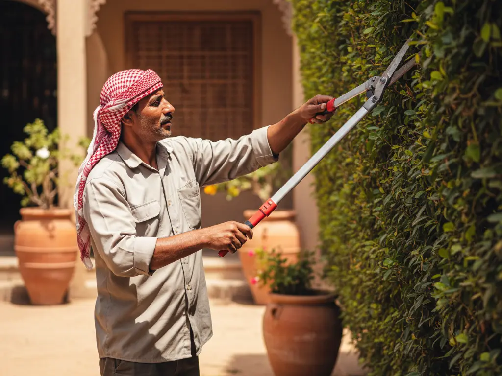 Taille précise d'une haie au sécateur télescopique dans un jardin ensoleillé au Moyen-Orient.