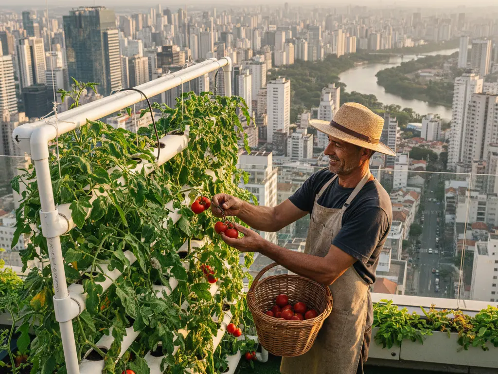 Récolte de légumes dans un potager vertical sur un toit-terrasse végétalisé en milieu urbain dense.