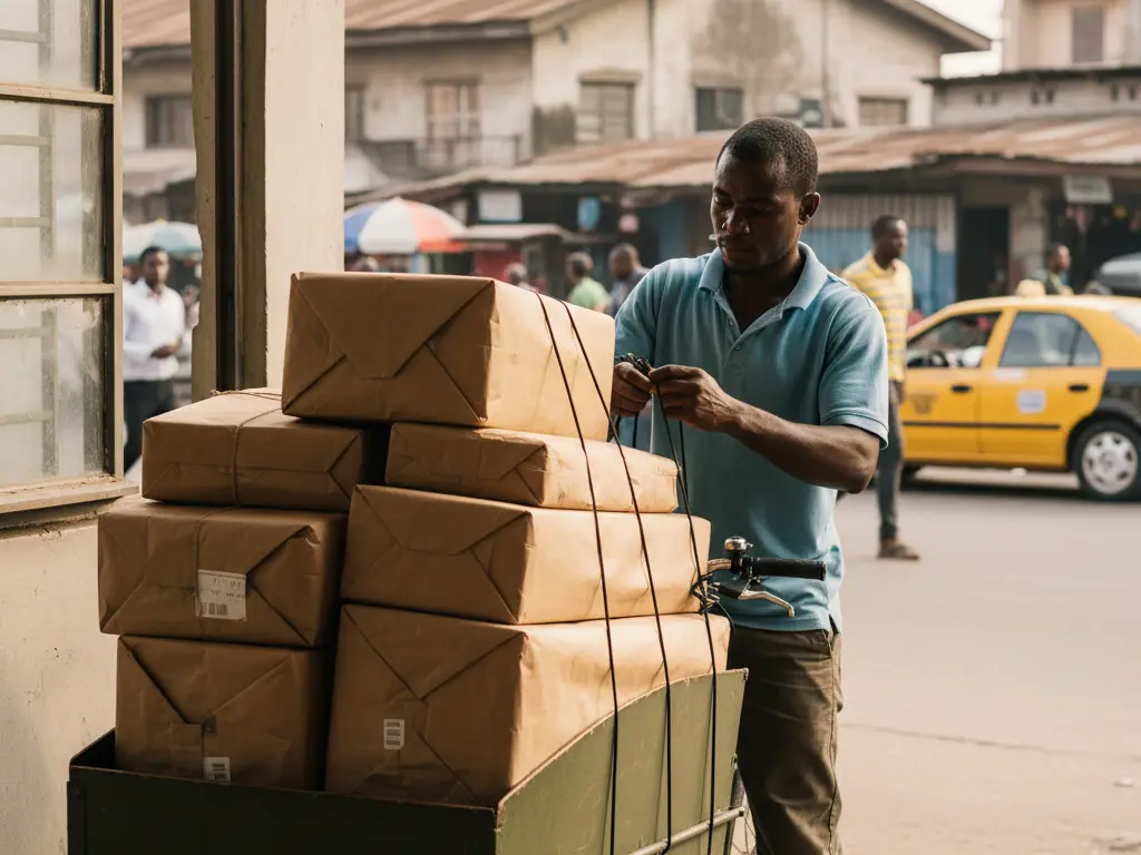 Chargement de colis dans le bac avant d'un vélo cargo pour une livraison urbaine en Afrique.