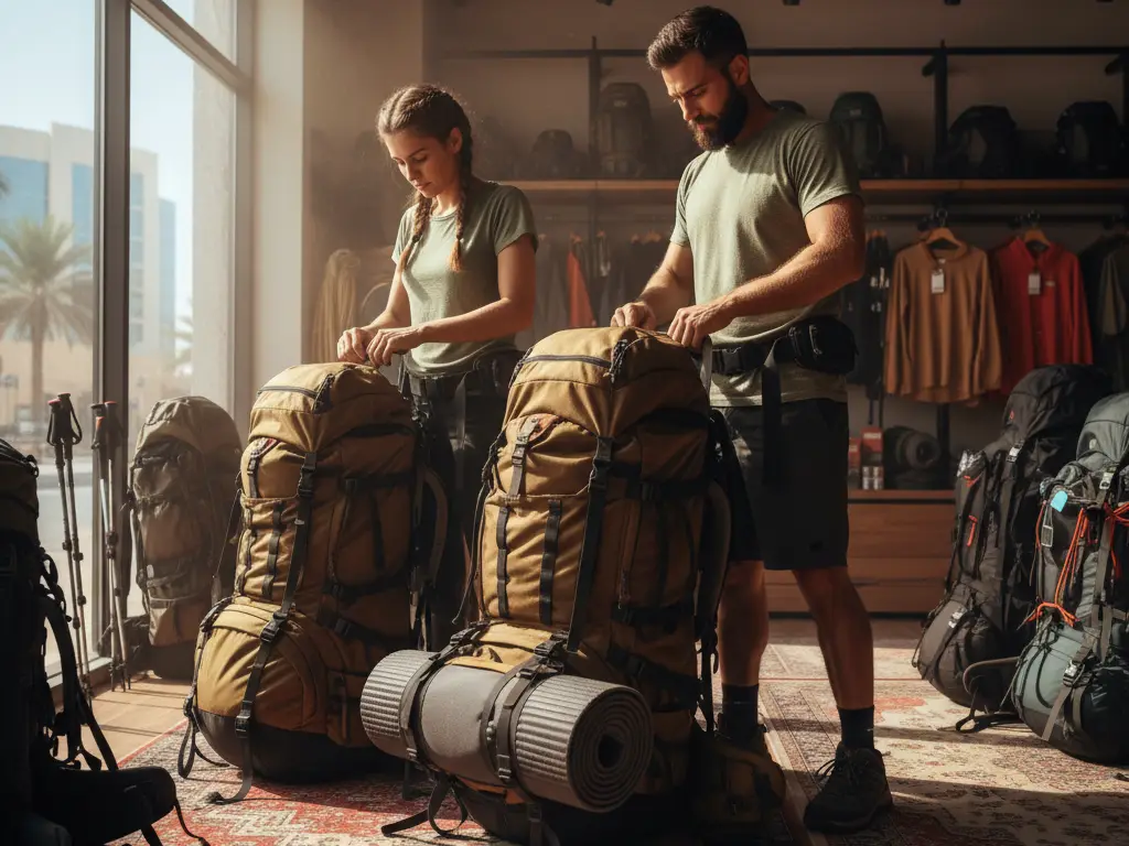 Ajustement de sacs à dos et matériel de randonnée dans une boutique de location d'équipements sportifs.