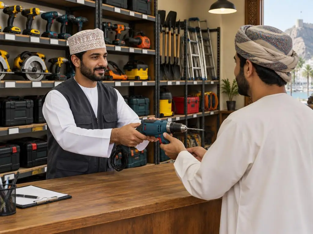 Employé remettant une perceuse à un client au comptoir d'une boutique de location d'outils à Mascate