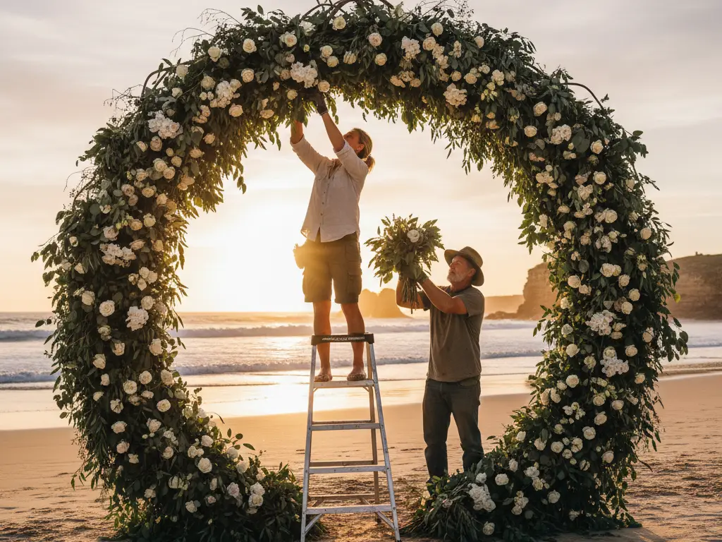 Assemblage d'une arche fleurie monumentale pour un mariage sur une plage en Océanie.