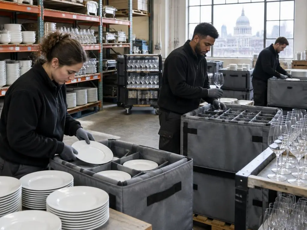 Équipe emballant assiettes en porcelaine et verres à vin dans des caisses de location à Londres