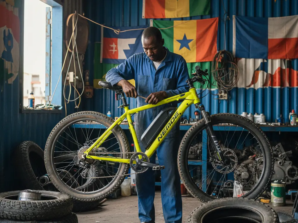 Mécanicien en Afrique de l'Ouest ajustant la chaîne d'un vélo électrique dans un atelier coloré.