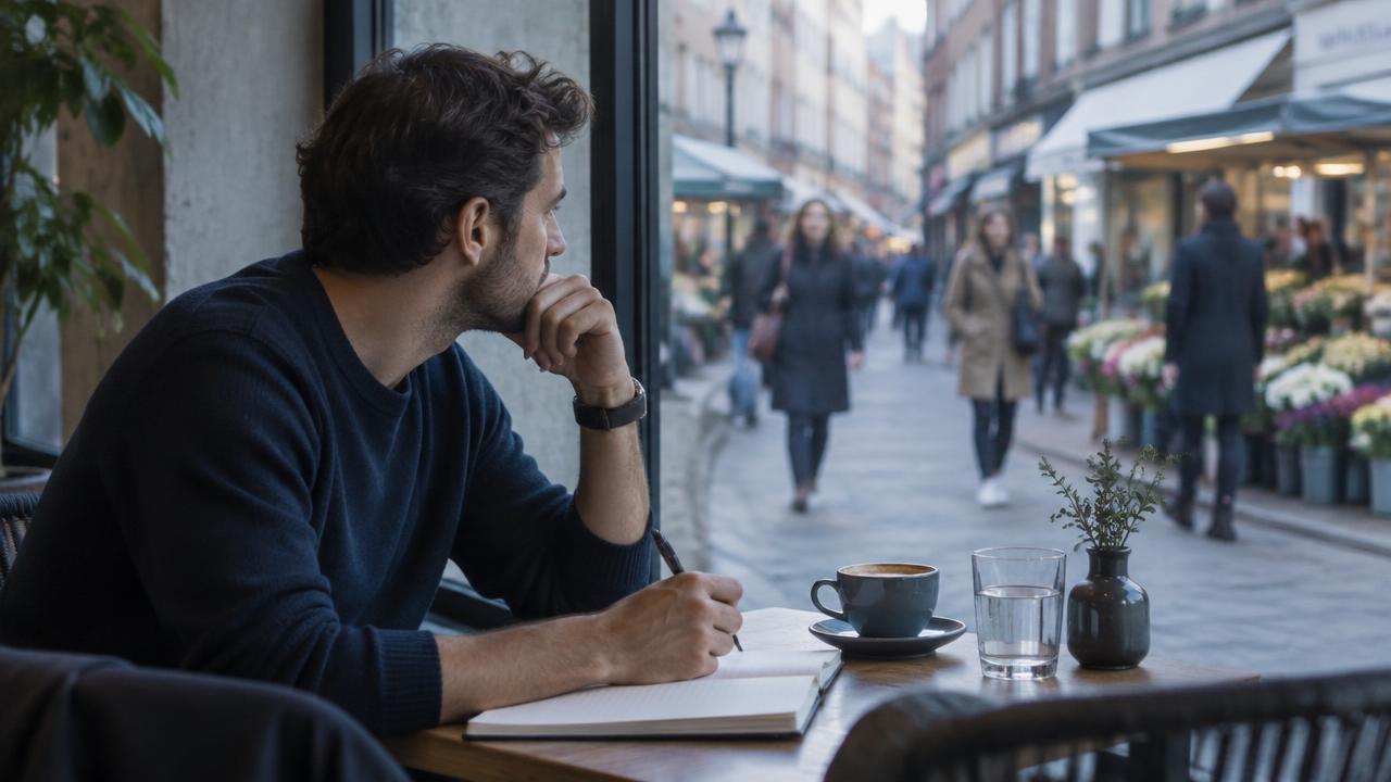 Fondateur observant une rue commerçante et prenant des notes