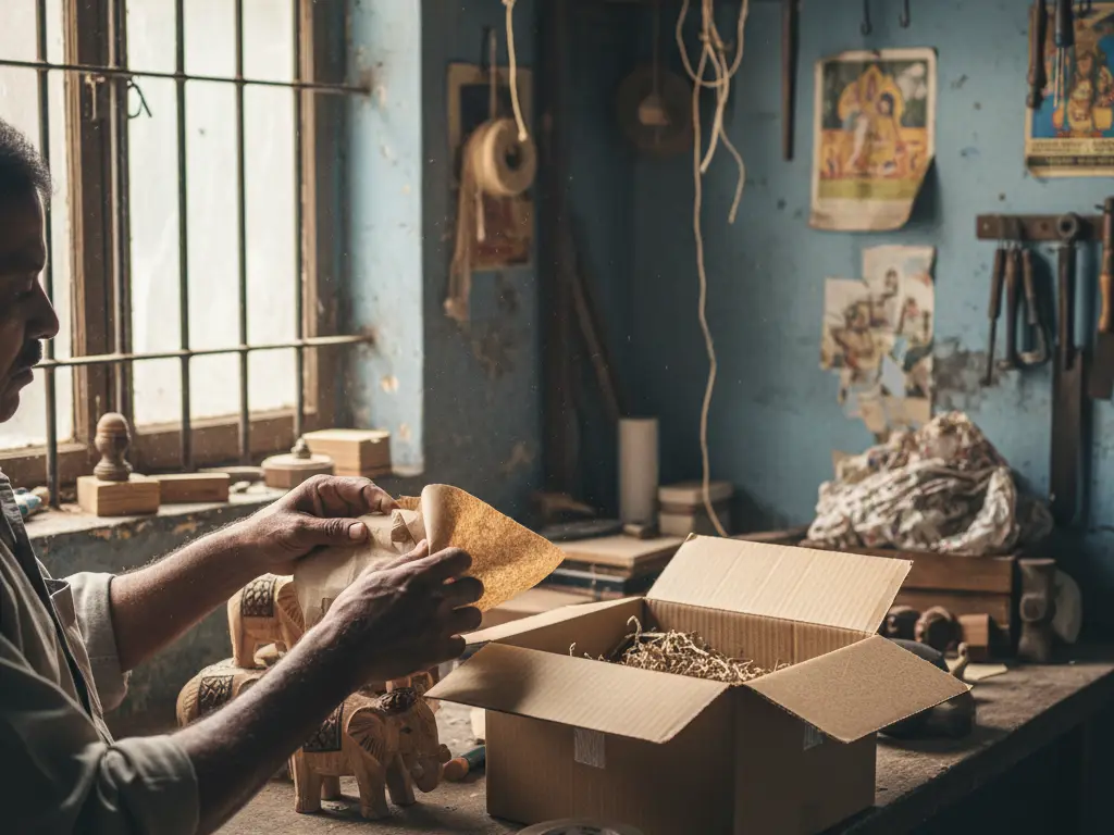 Emballage d'un jouet artisanal en bois dans du papier écoresponsable pour une expédition.