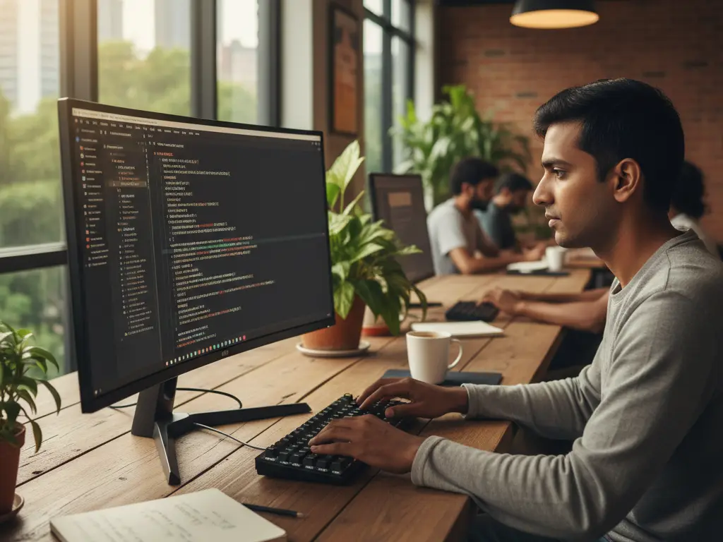 Développeur programmant une extension logicielle spécifique sur un éditeur de code en mode sombre.