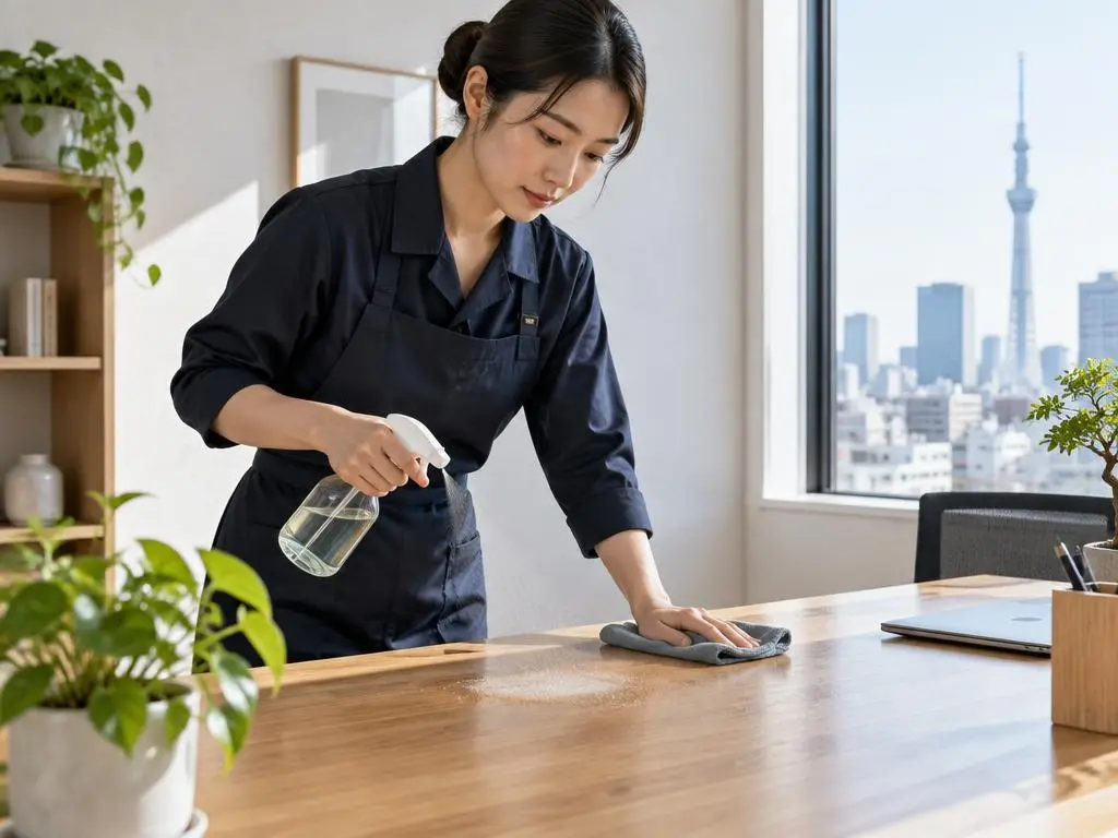 Agente d'entretien nettoyant un bureau en bois avec un produit naturel dans un espace lumineux à Tokyo