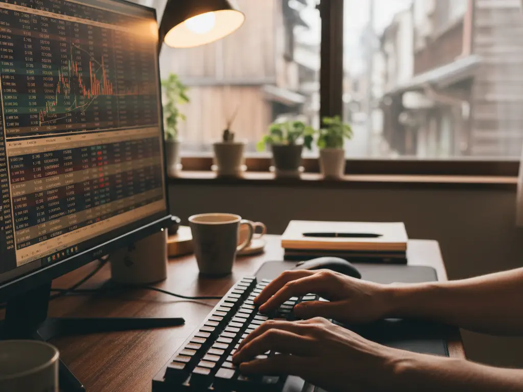 Mains tapant sur un clavier mécanique devant un écran affichant une lettre d'information financière japonaise.