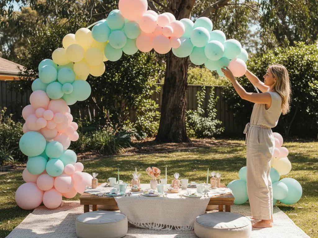 Décoration d'une fête d'enfant avec arche de ballons et table de pique-nique en Australie.