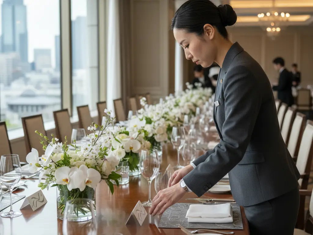 Organisatrice d'événements disposant des porte-noms en argent sur une grande table de banquet à Tokyo.