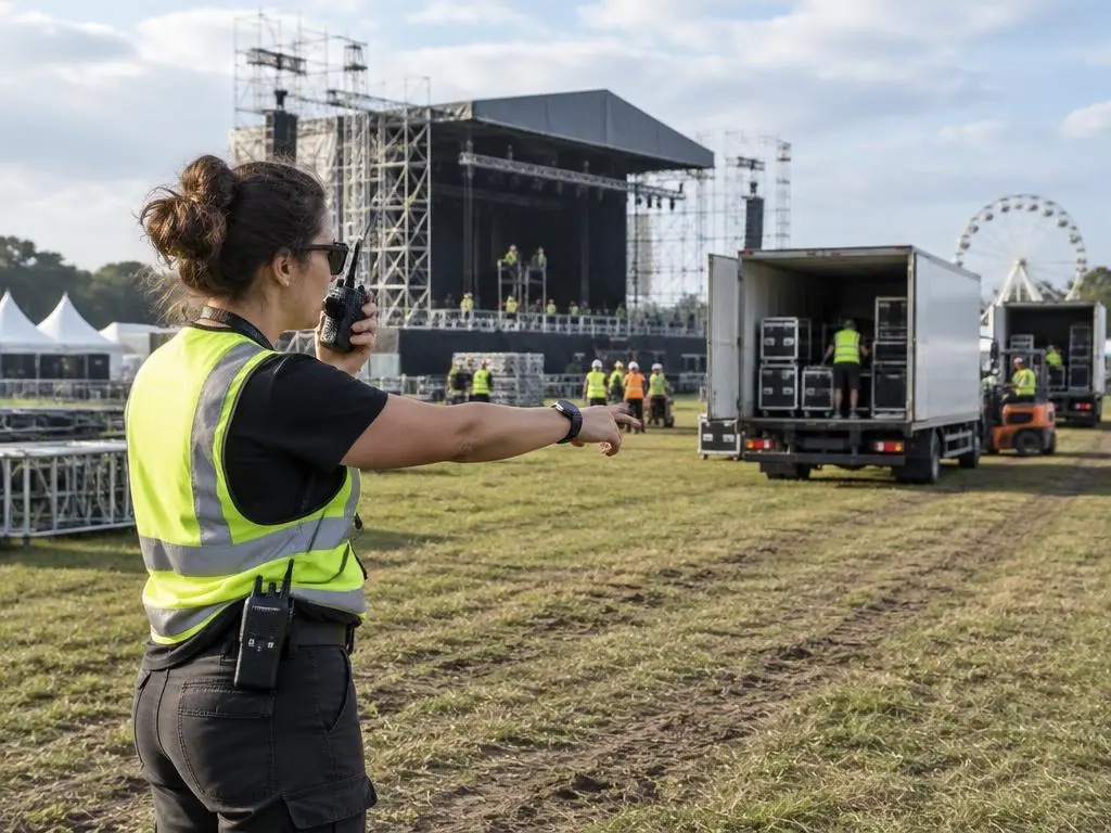 Régisseuse de festival coordonnant par radio l'arrivée des camions de matériel sur un site en montage